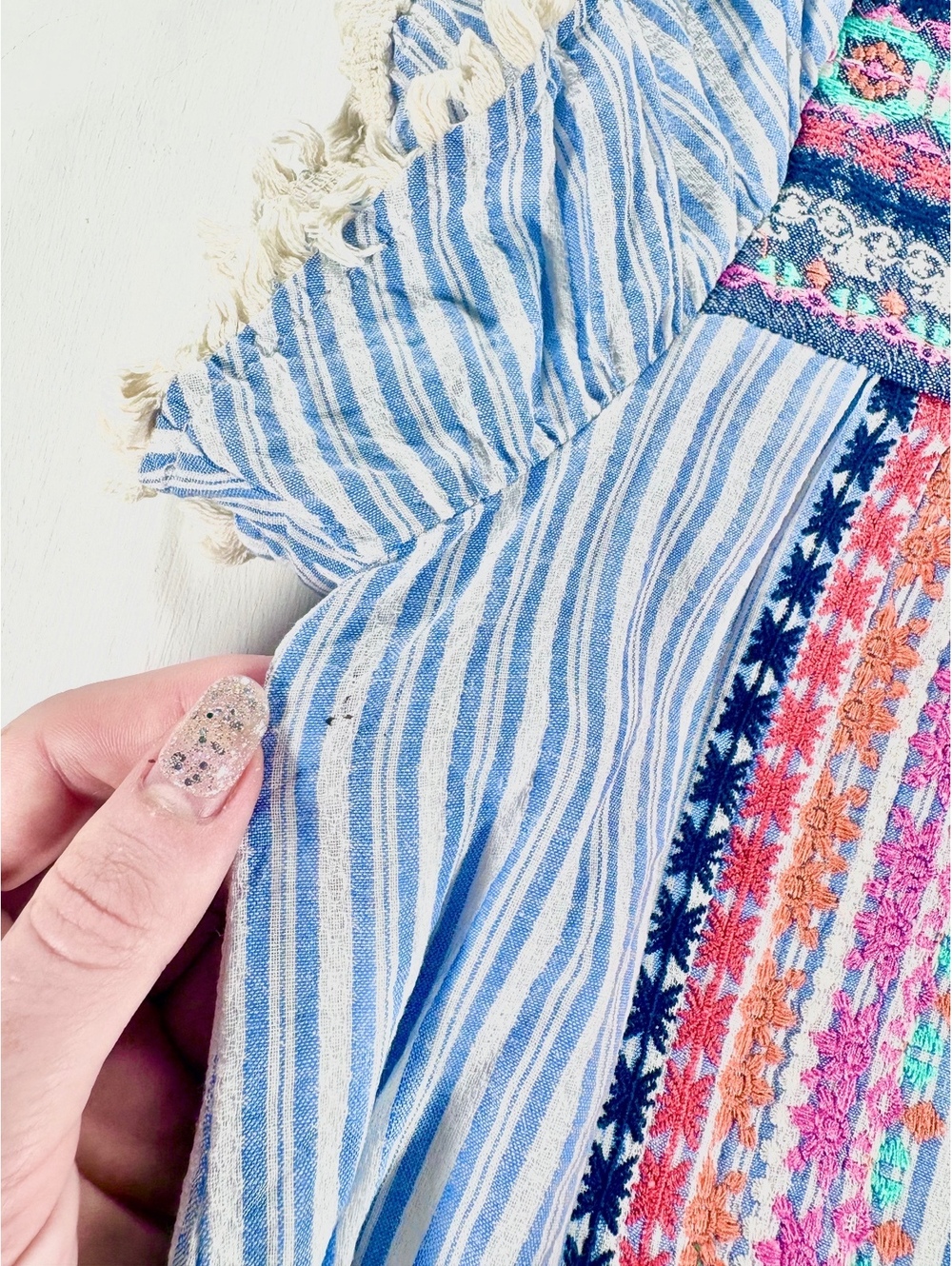 THML Blue White Striped Embroidered Boho Mini Dress Size XS - Picture 8 of 8